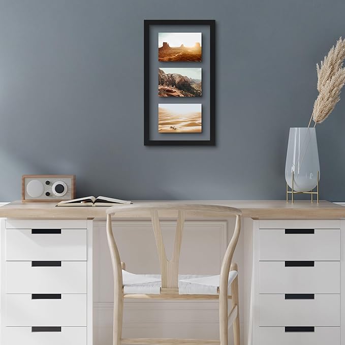 Americanflat 4x6 Collage Picture Frame with Shatter-Resistant Glass - Fits Three 4x6 Photos or use as One 9x17 Frame - Signature Collection - Collage Frames with Floating Effect - Black