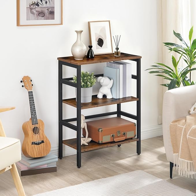 HOOBRO 3 Tier Bookshelf, 23.6" L Industrial Bookcase, Record Storage Rack with Side Fence, Storage Shelf with Metal Frame, Rustic Open Display Shelf for Living Room, Bedroom, Rustic Brown BF86CJ01G1