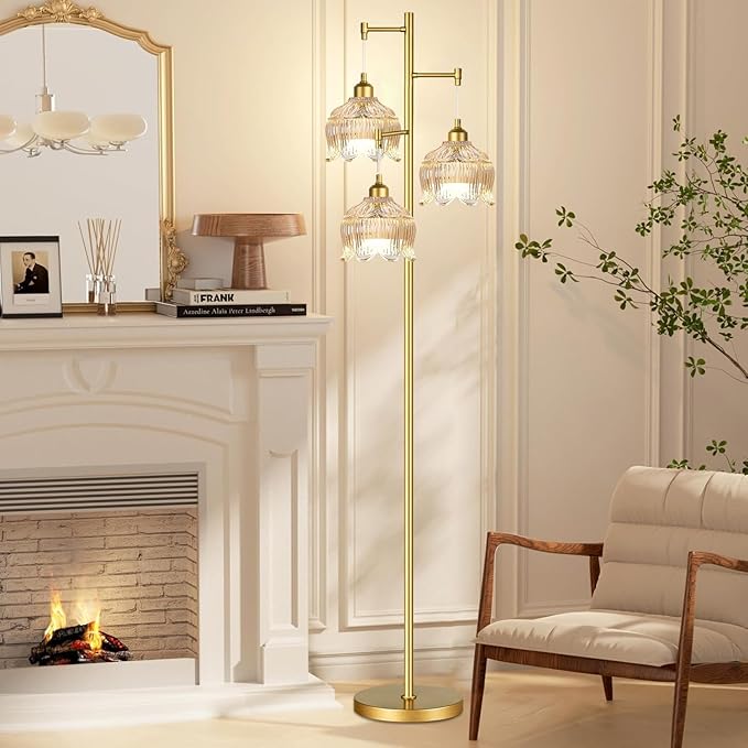 Gold Floor Lamp for Living Room,Bedroom,Mid Century Modern Standing Lamp Brass Tree 3 Light Tall Floor Lamps Vintage Retro Floor Lights Glass Amber Flower Lamp Shade Farmhouse Boho Bohemian