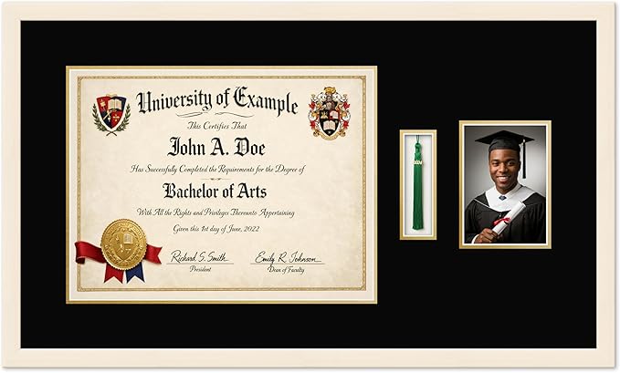 CountryArtHouse Diploma Tassel and Photo Shadowbox Fits 17 x 13 International Diploma with Tassel Hoo Coastal Whitewash Genuine Hardwood with Black Over Metallic Gold Double mat