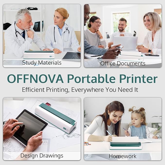 OFFNOVA Portable Printer Wireless for Travel, Thermal Inkless Printer, Support US Letter & A4 Size, Compatible with iOS, Android, Laptop with 1 Roll 8.5" x 11" Thermal Paper, for Mobile Office, Green