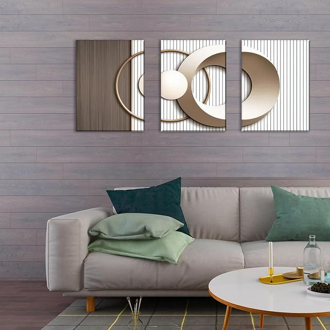 3PCS Modern Geometric Wall Art Set Gold and Beige Abstract Canvas Prints with Solid for Living Room Bedroom Office Minimalist Circle Design Canvas Wall Decor Framed (12inx16in canvas)
