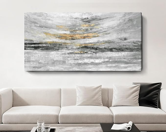Nicetop 58x29" Modern Minimalist Black & White Abstract Coastal Wall Art with Metallic Gold Accents – Gallery Wrapped Abstract Ocean Waves & Clouds Canvas Art, Ready to Hang for Living Room Wall Decor, Bedroom Wall Art & Office Wall Decor