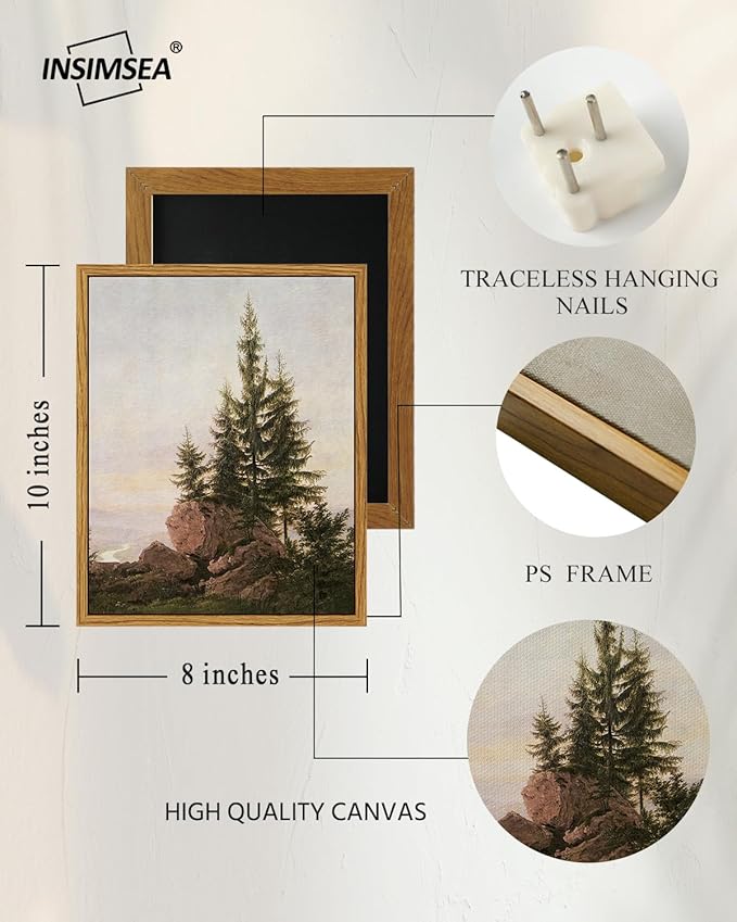 InSimSea Framed Canvas Print Art, Vintage Rocky Pine Forest Landscape Painting, Rustic Farmhouse Cottage Decor for Hallway Wall Floating Shelf Desk Vanity Fireplace,10x8in, Neutral Tones