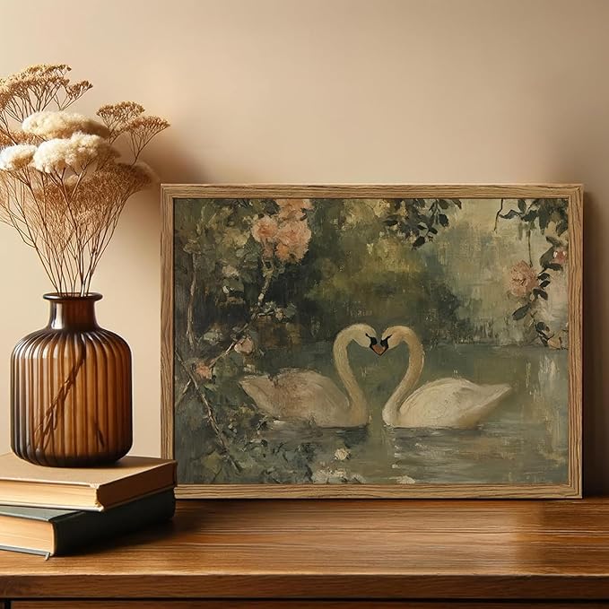Framed Vintage Swan wall art, Rustic Romantic White Swan Pictures Wall Decor, Cottagecore Farmhouse Animal Paintings Canvas Prints Aesthetic Home Decor for Living Room Bedroom Bathroom 12x16 inch