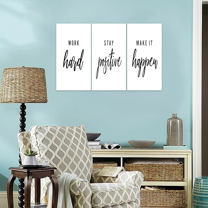 3 Piece Inspirational Wall Art, White Motivational Mindset Picture, Quote "Work Stay Make It" Canvas Print for Office Decor, Triptych Entrepreneur Poster Framed Artwork for Gym Wall Decor (36"Wx18" H)