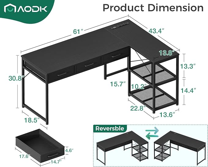 AODK 61 Inch L Shaped Computer Desk with Drawers, Corner Desk with Power Outlets & Reversible Storage Shelves, for Home Office Gaming, Black