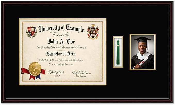 CountryArtHouse Diploma Tassel and Photo Shadowbox Fits 17 x 13 International Diploma with Tassel Hook Executive Brown Genuine Hardwood with Black Over Metallic Gold Double mat