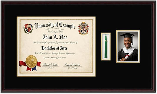 CountryArtHouse Diploma Tassel and Photo Shadowbox Fits 17 x 13 International Diploma with Tassel Hook Executive Brown Genuine Hardwood with Black Over Metallic Gold Double mat