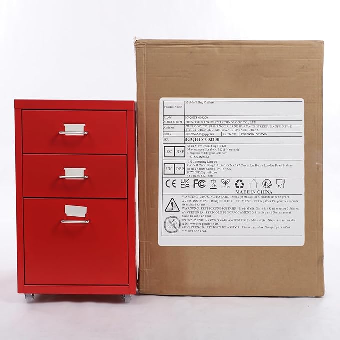 Filing Cabinet with 3 Drawers, Mobile Filing Cabinet with Practical Label Slot, 16 * 11 * 18.9 in Metal Storage Cabinet with Wheels for Home and Office (Red)
