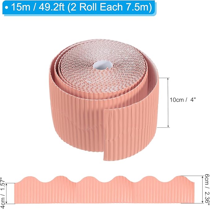 PATIKIL 3.9inch x 49.2ft Bulletin Board Border, Scalloped Trim Paper Corrugated Paper for Locker Classroom Decor Black White Cork Poster Boards, Pink