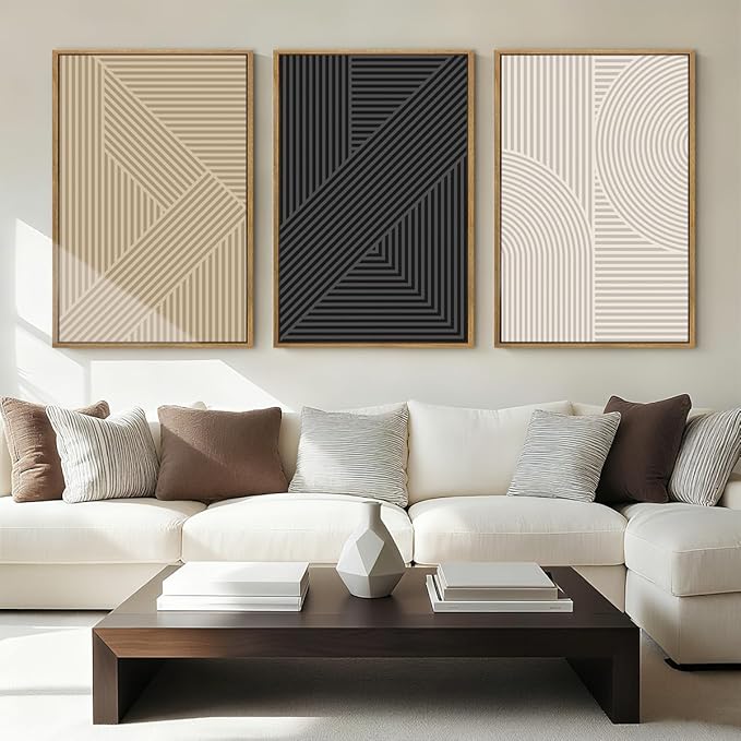 BINCUE Large Neutral Canvas Wall Art,Modern Abstract Framed Wall Art Boho,Mid Century Art Print,Minimalist Wall Painting Geometric,Vintage Beige Artwork for Living Room Bedroom Bathroom Home 16''x24'' Set of 3