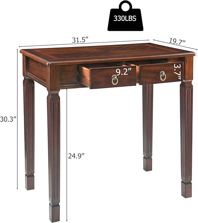 Small Computer Writing Desk with 2 Storage Drawers, 31.5"W Vanity Dressing Desk, French Provincial Corner Desk Table with Carved Legs, Solid Wood Accent Table, Easy Assembly, Dark Cherry SSZ-D1258