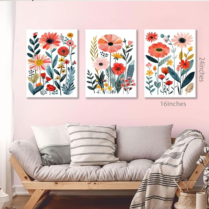 KISSFOX Framed Colorful Wildflower Canvas Wall Art Set Of 3 Flowers Pictures Prints Flowers Printing Floral Watercolors Flower wall Decor Living Room Girls Bedroom Bathroom