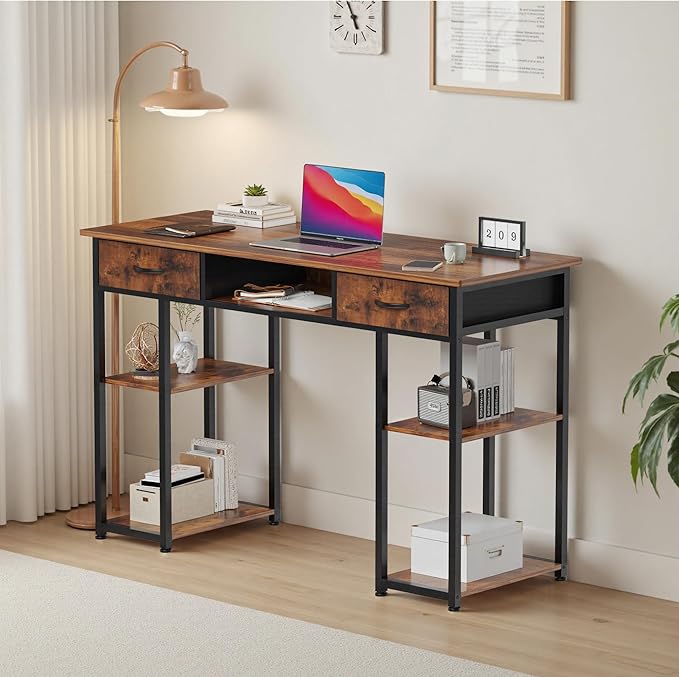 OLIXIS Desk with Storage Fabric Drawers 48 Inch, Home Office Computer Desk for Small Space Bedroom,Modern Study Work Gaming Writing Table PC Desks,Chic Brown