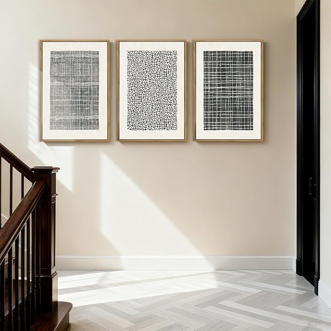 BINCUE Abstract Line Wall Art Set of 3 Modern Neutral Black Wall Decor Geometric Minimalist Artwork Black Abstract Wall Art Framed Modern Paintings for Living Room Bedroom Office Bathroom 24"x36" Gift