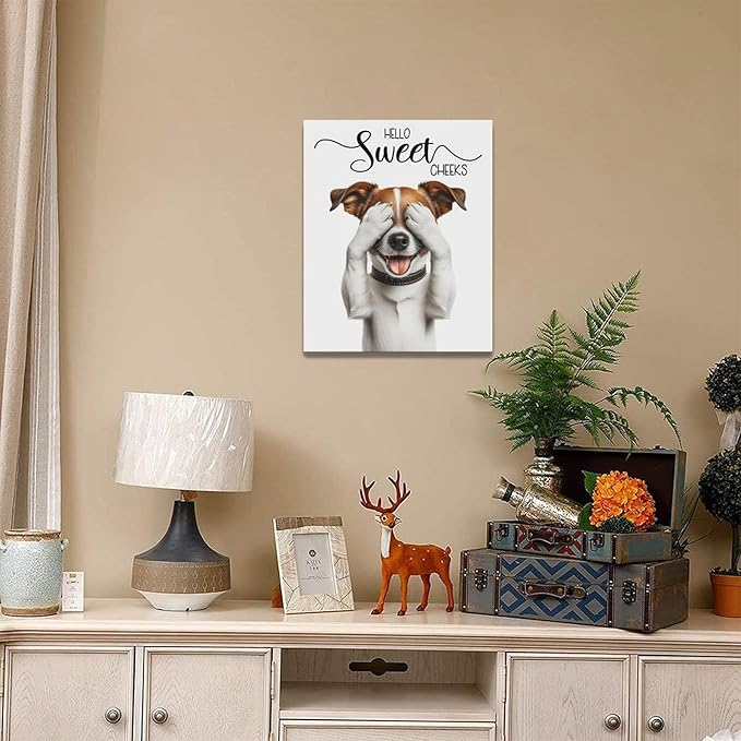 Bathroom Dog Wall Art Funny Dog Bathroom Pictures Wall Decor Hello Sweet Cheeks Toilet Bathroom Canvas Painting Home Modern Artwork Decorations Framed for Restroom 16 x 20 inch