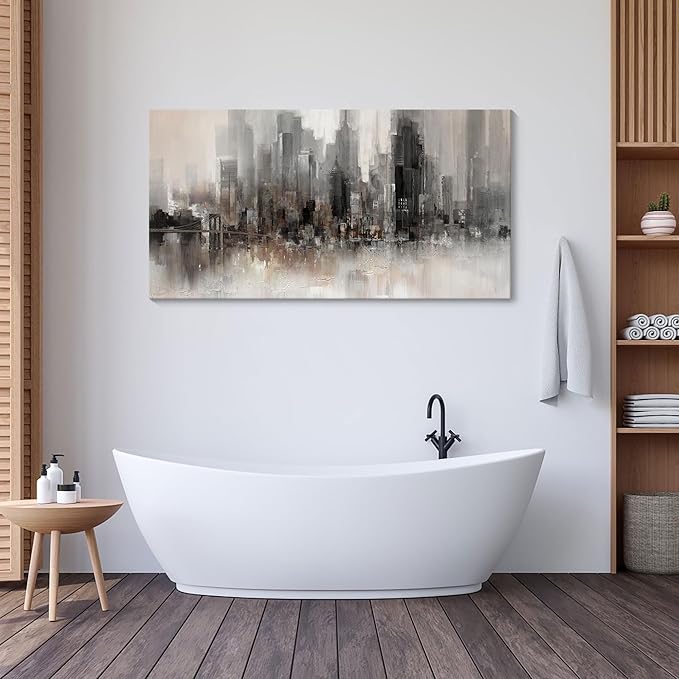 Nyc Skyline Painting Wall Art Grey Buildings Picture for Living Room Modern Home Bedroom Decoration Black and White and Brown Framed Artwork Decor 20X40