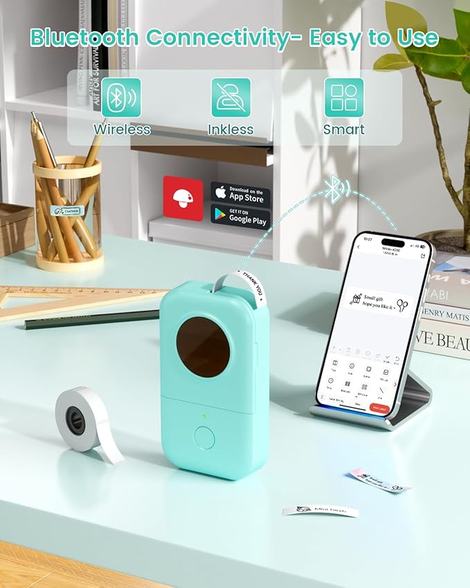 Phomemo Label Maker Machine with Tape, D30 Mini Bluetooth Label Printer, Versatile App with with 1000+ Symbols and 60+ Borders, Portable Label Maker for School Supplies, Home, Office, Green