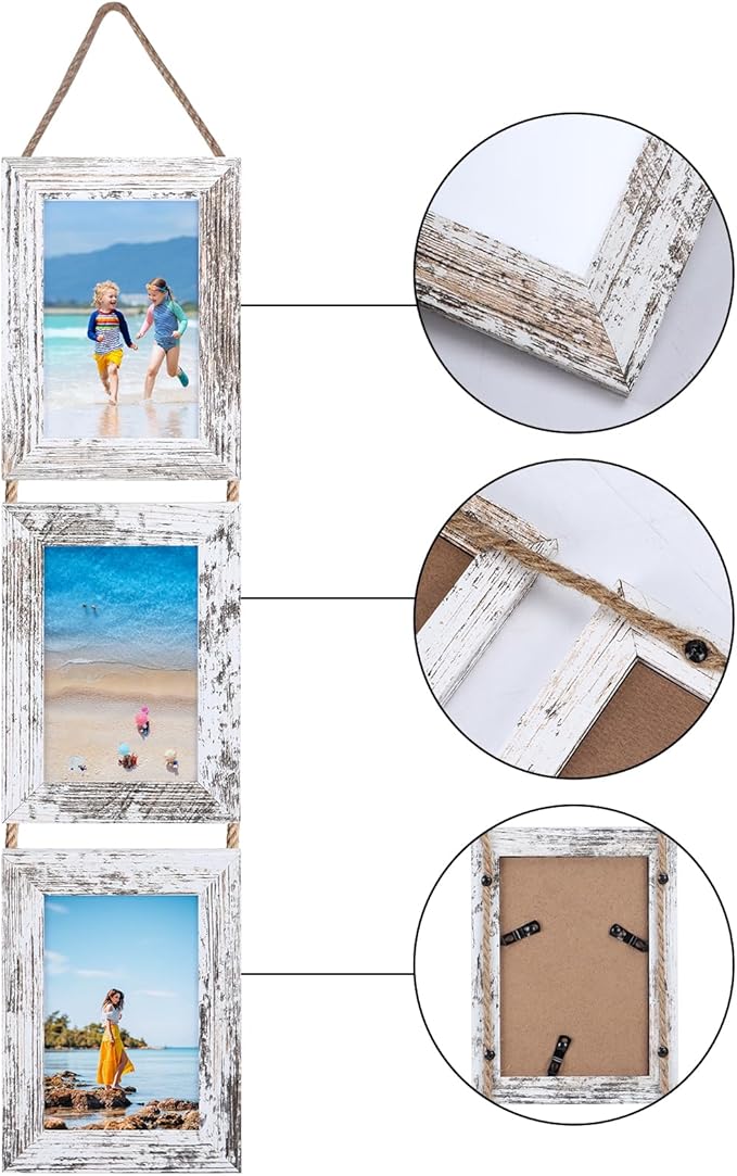 Lavezee 4x6 Collage Hanging Triple Picture Frames Set, 6 Opening Distressed White Vertical Frame Made to Display 4 by 6 Inch Photo Prints for Wall Decor