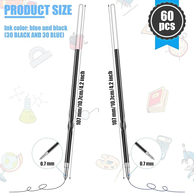 Outus 60 Pieces 0.7 mm Retractable Pen Refills Replacement Ballpoint Pen Refills Black and Blue Ink Pen Refills for Retractable Pen Office School Supplies, 107 mm in Length