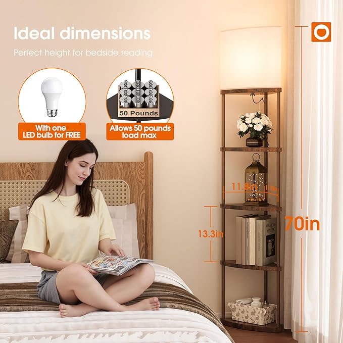 addlon Floor Lamp with Shelves, 5-Tier Adjustable Corner Lamp with 3 Color Temperatures & Linen Shade,Modern Floor Lamps for Living Room, Home Office & Bedroom (E26 LED Bulb Included, 800lm) - Brown