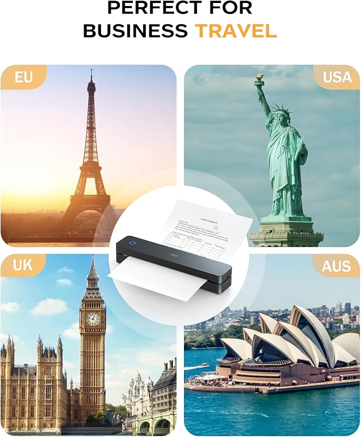 PRT Portable Printer Wireless for Travel, Thermal Inkless Small Bluetooth Mobile Printer, Support 8.5" X 11" US Letter, A4, Compatible with Phone, Laptop for Office,Vehicles, Home Use, 300 DPI, Black