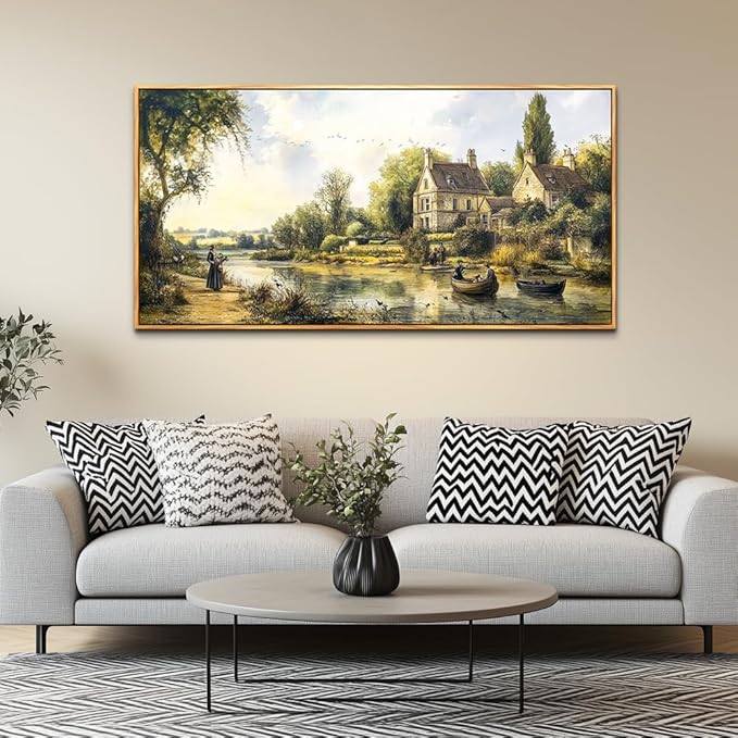 ERQINHUA Wall Art For Living Room Large Canvas Wall Decor For Bedroom Vintage Watercolour Painting Office Decoration Countryside Scenery Home Decor Wall Picture Ready To Hang 24x48 In Wood Framed
