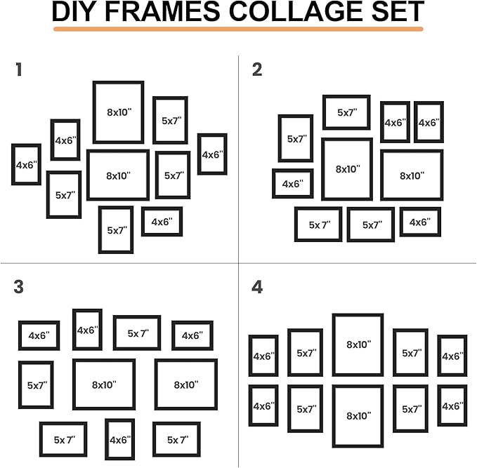 iRahmen Collage Picture Frames Set of 10, Wall Decor for Mounting or Tabletop Display, Family Photo Gallery Frame Set - Multi Sizes Including Two 8x10, Four 5x7, Four 4x6, HD Glass, Rustic Wood