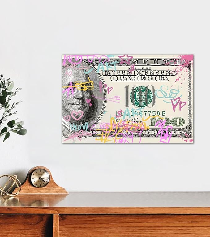Money Buys Freedom Motivational Wall Art for Office Workplace Canvas Paintings Graffiti 100 Dollar Artwork Wooden Framed Easy to Hang-12x16 inches
