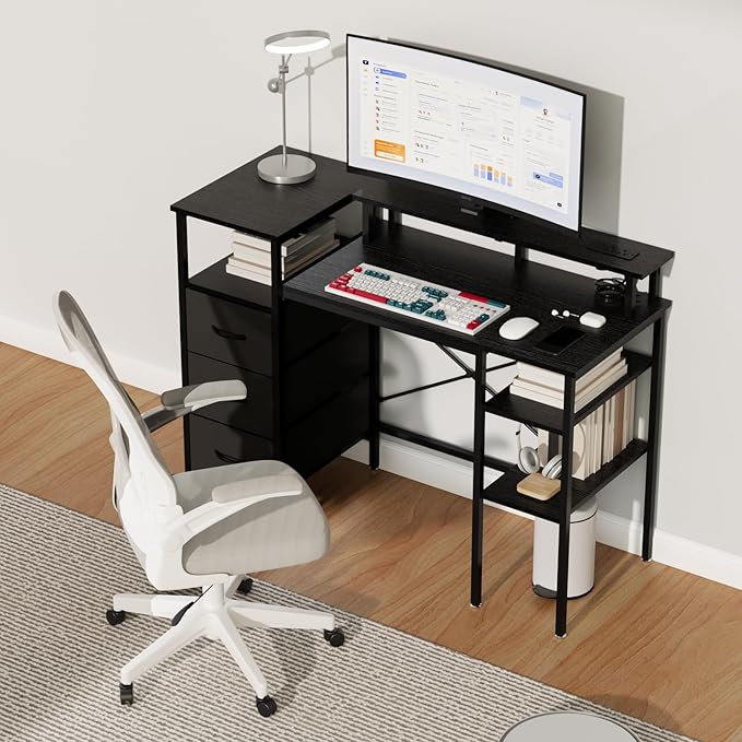 VINGLI 47 Inch L-Shaped Computer Desk, Small Computer Gaming Desk with Fabric Drawers & Storage Shelves, Charging Station, Monitor Stand for Home, Office, Black