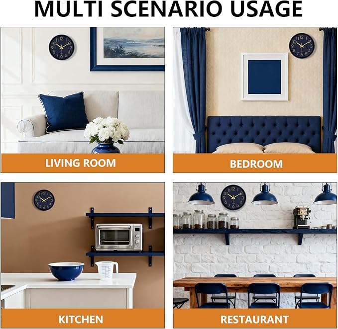 Wall Clock, Silent Wall Clocks Battery Operated 10 Inch- Modern Non Ticking Analog Clock with Large Numerals Tempered Glass Clocks for Bedroom Living Room Kitchen Office Decor, Navy Blue