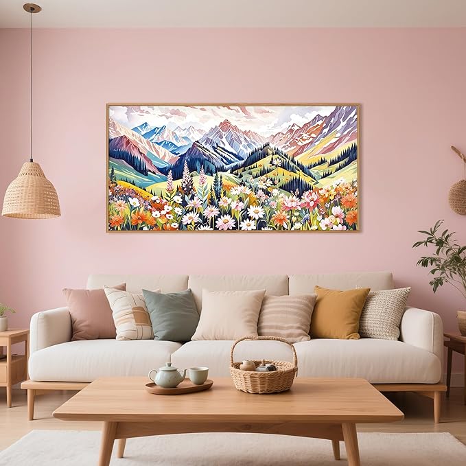 Aryroi Abstract Spring Colorful Floral Landscape Framed Canvas Wall Art,Natural Boho Woodland Mountain Wildflower Decor,Modern Pink Blossom Botanical Artwork for Living Room, Bedroom, Farmhouse-40"x20"x1