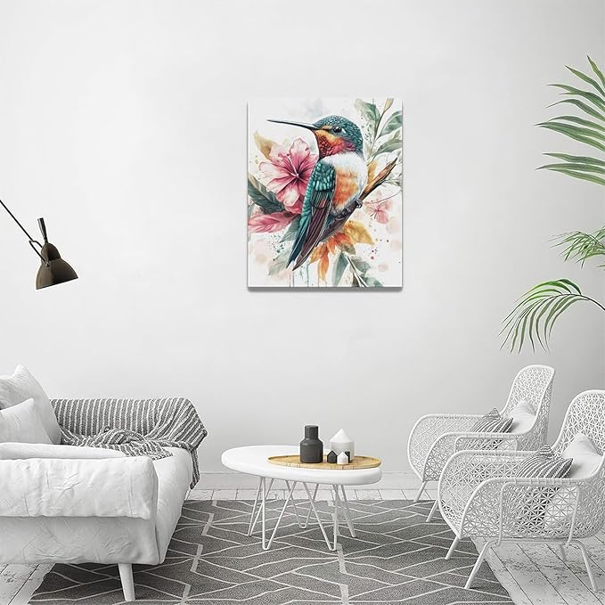 Watercolor Hummingbird Wall Art Country Flower Bird Pictures Wall Decor Colorful Canvas Painting Modern Home Artwork Decorations for Bathroom Bedroom Living Room Office Framed 16"x20"