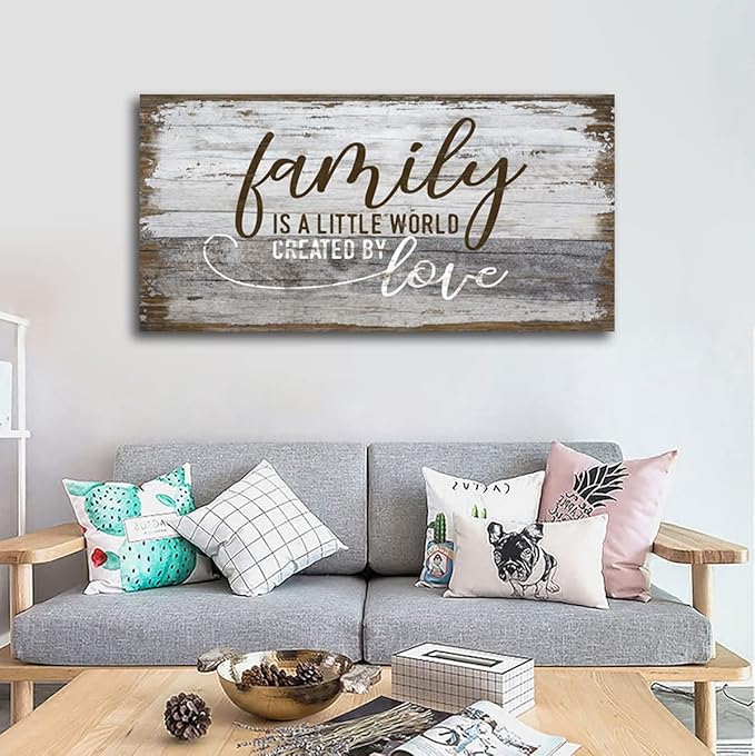 tigeridge Family Is a Little World Created by Love Canvas Wall Art Rustic Letters Prints Retro Farmhouse Wooden Board Canvas Pictures Wall Decor Vintage Artwork for Living Room Decoration 29" x 58"