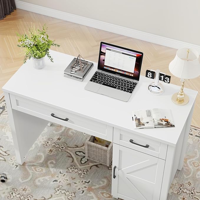 Vabches Farmhouse 47" Executive Desk, Computer Desk with Drawers and Storage Cabinet, Workstation Computer Desk for Home Office, Study.(Cream White)