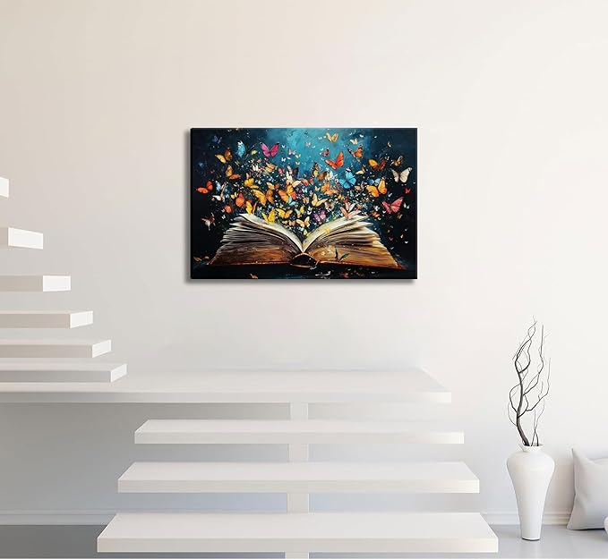 Colorful Butterfly Book Canvas Wall Art Butterfly Emerging From Book Picture Wall Decor Reading Enthusiasts Poster Print for Library Reading Room Bedroom Modern Reading Concept Home Decoration