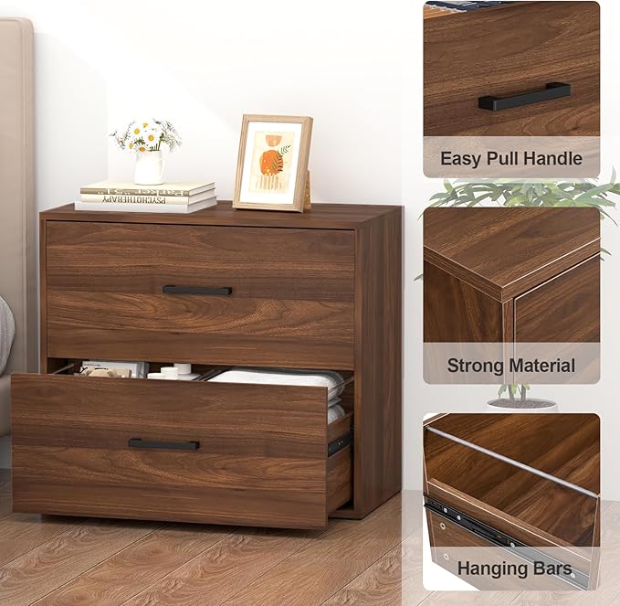 2 Drawer File Cabinet, Wood Lateral Filing Cabinets, Wide Office File Cabinet with Drawer for Hanging Files/Letter Size Printer Stand for Home Office School, Assembly Required, Walnut