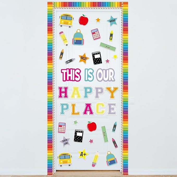 This is Our Happy Place Classroom Decor Welcome Back to School Bulletin Board Set DIY Paper Die Cuts Decorating Supplies for First Day of School Craft Classroom Wall Decor