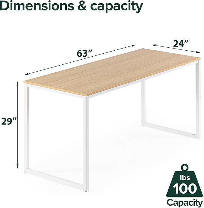 Zinus Jennifer 63 Inch White Frame Desk, Computer Workstation, Office Desk, Easy Assembly, Natural