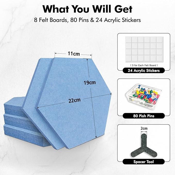8-Pack Hexagon Felt Cork Board, 1/2" Thick Felt Bulletin Pinboard with 80 Push Pins, Adhesive Tabs, Geometric Cork Wall Tiles for Photos, Memos, Home & Office Decor (Sky Blue)