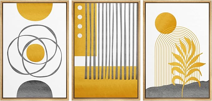IDEA4WALL Framed Canvas Print Wall Art Set Geometric Mid-Century Gold Jungle Plant Polygons Abstract Shapes Illustrations Modern Art Nordic for Living Room, Bedroom, Office - 24"x36"x3 Natural