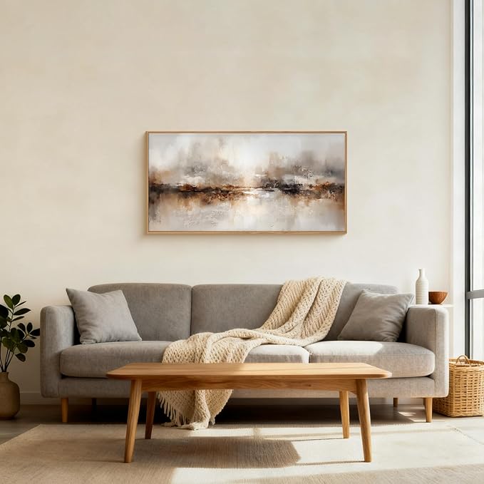 Large Abstract Brown Pastel Framed Canvas Wall Art,Neutral Black Gray Wall Decor,Modern Brush Stroke Painting,Minimalist Textured Artwork for Living Room,Bedroom,Dining Room,Office -20"x40"x1