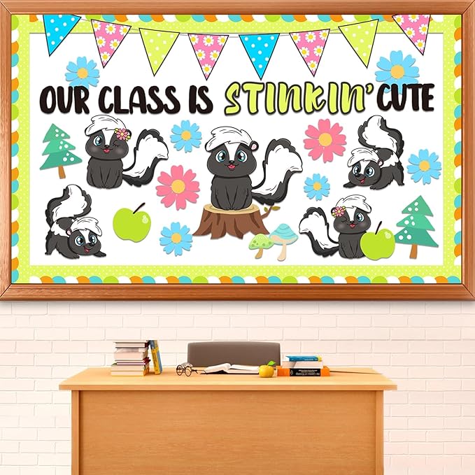 Skunk Bulletin Board Set Animal Themed Classroom Welcome Bulletin Board Decorations Woodland Forest Flower Cutouts Classroom Decoration for Back to School Office Home Chalkboard Decor Wall Door