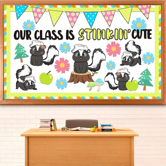 Skunk Bulletin Board Set Animal Themed Classroom Welcome Bulletin Board Decorations Woodland Forest Flower Cutouts Classroom Decoration for Back to School Office Home Chalkboard Decor Wall Door