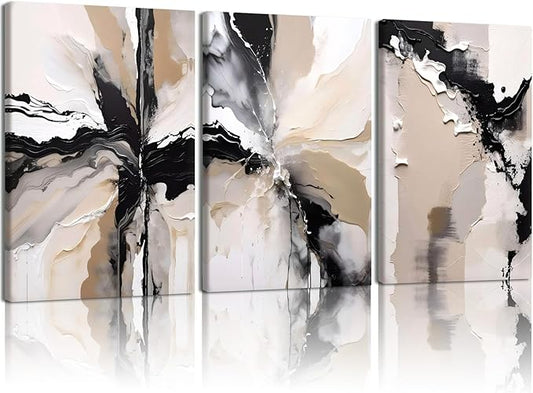NCCXNCC 3 Pcs Abstract Canvas Wall Art in Black and Beige Modern Wall Decor Paintings Texture Posters Print Modern Geometric Pictures Artwork Suitable for Living Room Bedroom Home Office 12x16 inch
