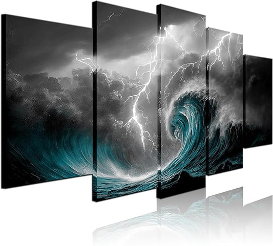 Biuteawal 5 Panel Black White Canvas Print Storm Sea Wall Art Blue Ocean Wave Seascape Pictures Nature Lightning Artwork Cool Nature Painting Poster Prints Stretched Framed Modern Home Living Room