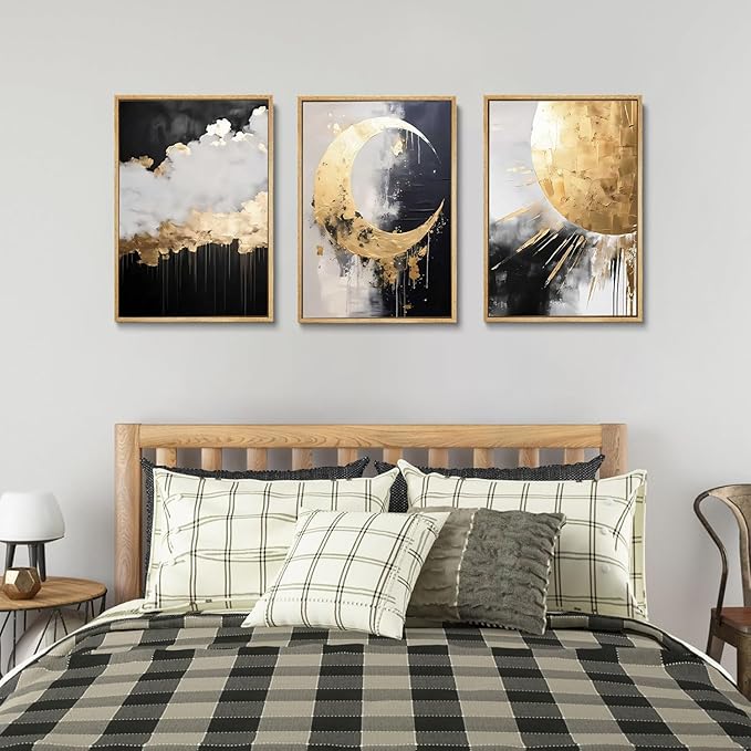3Pcs Black and Gold Abstract Canvas Wall Art Sun Moon And Cloud Posters Prints Maximalist Pictures Wall Decor For Living Room, Bedroom,bathroom Decoration Unframed