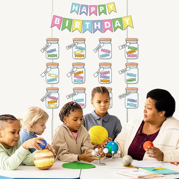 JarThenaAMCS 85Pcs Happy Birthday Bulletin Board Set Colorful Candy Calendar Poster Classroom Birthday Chart for Back to School Decorations
