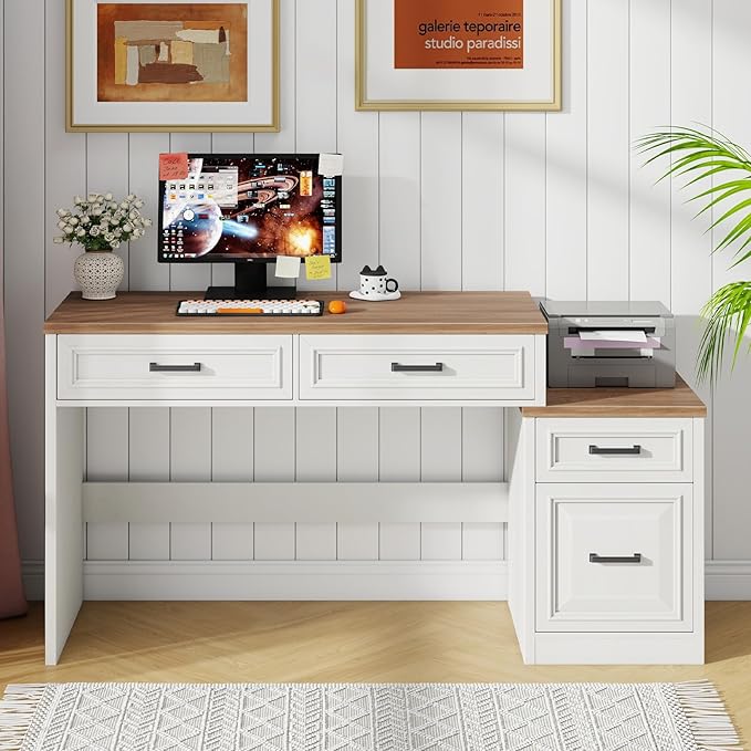 Vabches 61" Farmhouse Computer Desk with Storage and File Drawer, Executive Desks with Printer Stand, Rustic Large Home Writing Desk for Home Office.